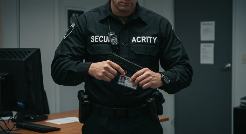 armed security guard checking his ID badge
